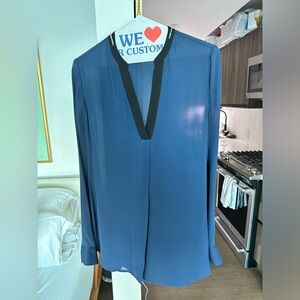 Vince Band Collar Silk Blouse - Long Sleeve Blue Black LNWOT